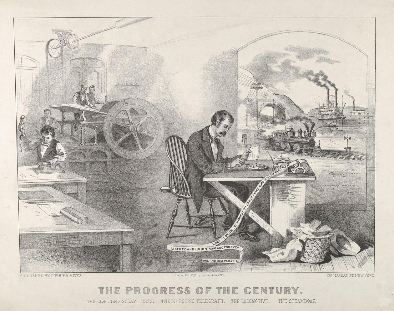 El progreso del siglo: La prensa de vapor relámpago, El telégrafo eléctrico, La locomotora, El barco de vapor de Currier and Ives