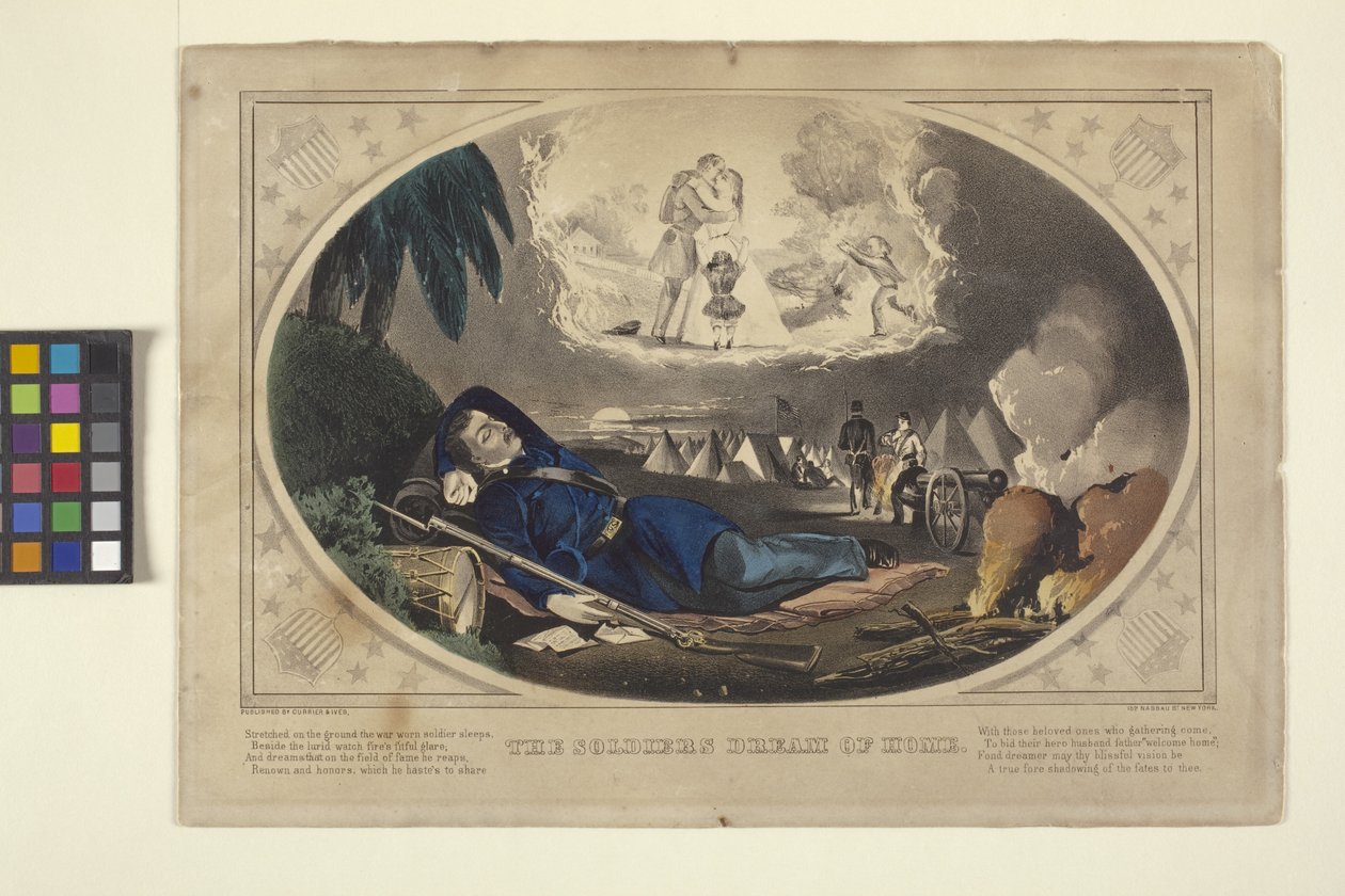 El sueño del soldado de volver a casa (litografía coloreada a mano) de N. and Ives J.M. (1824 95) Currier