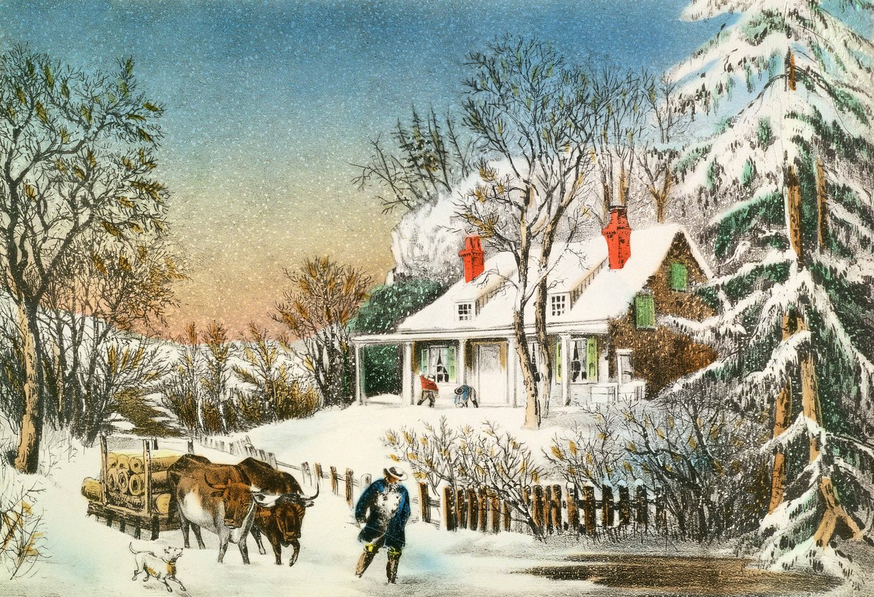 Llevando los troncos a casa, paisaje de invierno, siglo XIX de N. and Ives, J.M. Currier