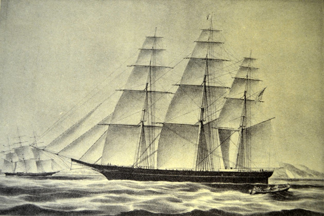 Ilustración de Currier & Ives del Siglo XIX. El Barco Clipper Huracán de N. and Ives, J.M. Currier