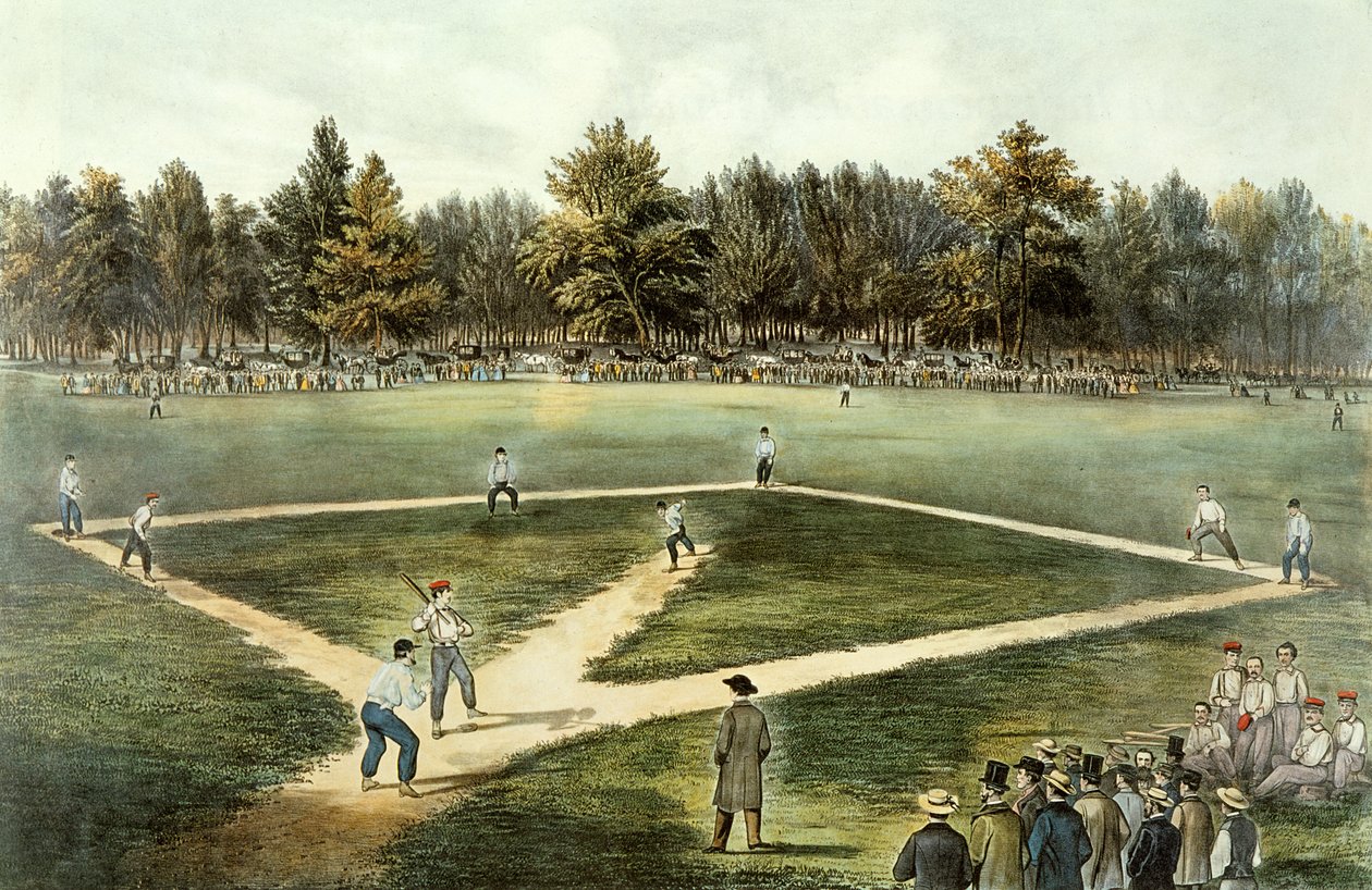 El Juego Nacional Americano de Béisbol - Gran Partido en Elysian Fields, Hoboken, NJ, 1866 de N. and Ives, J.M. Currier