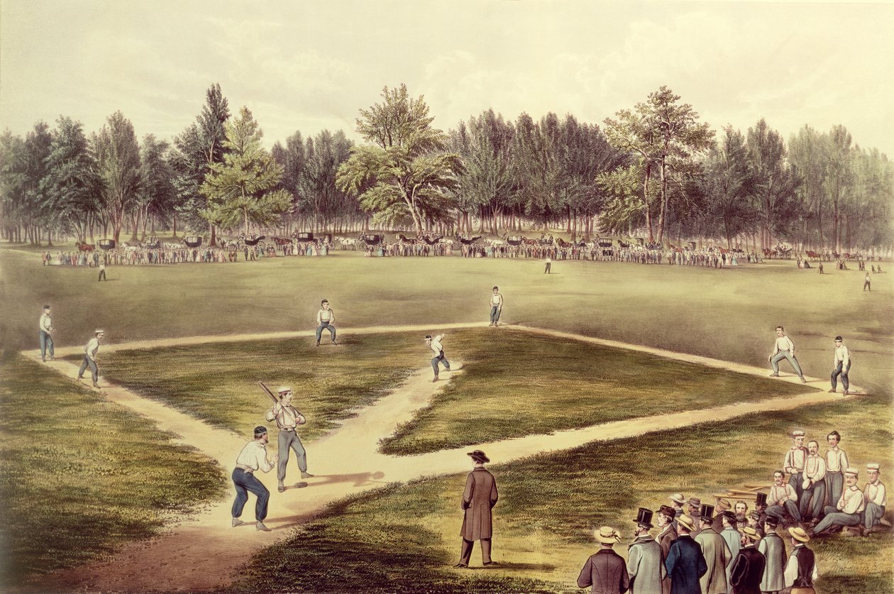 El juego nacional americano de béisbol - Gran partido en Elysian Fields, Hoboken, NJ, 1866 de N. and Ives, J.M. Currier