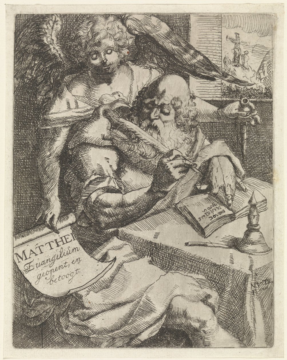 Mateo el evangelista Matthei Evangelium abre y argumenta (título sobre el objeto) Página de título para: S. van Til, Het euangelium des H. Apostles Matthæi (...) abierto por notas breves, 1687 de N. van Til