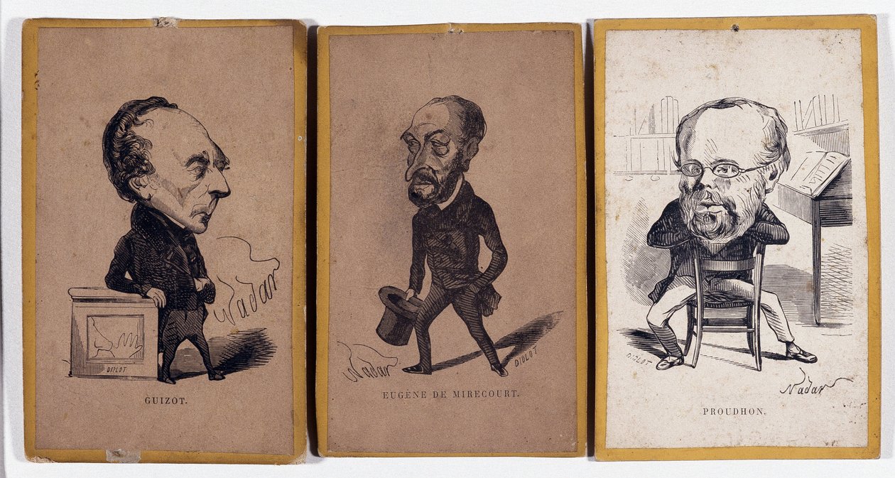 3 Retratos-carga (retrato carga): François Pierre Guillaume Guizot (1787-1874), historiador y político francés, Charles Jean-Baptiste (Jean Baptiste) Jacquot dit Eugene de Mirecourt (1812-1880), periodista y escritor francés, y Pierre-Joseph Proudhon de Nadar