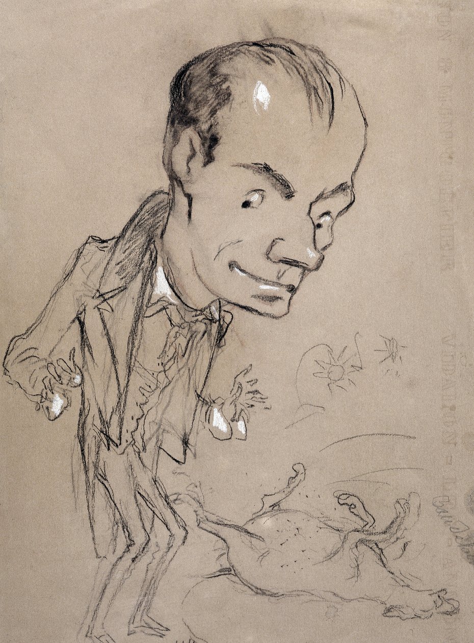 Baudelaire asombrado frente a un caballo muerto y sobre su espalda. Representación de Charles Baudelaire poeta francés (1821-1867) de Nadar