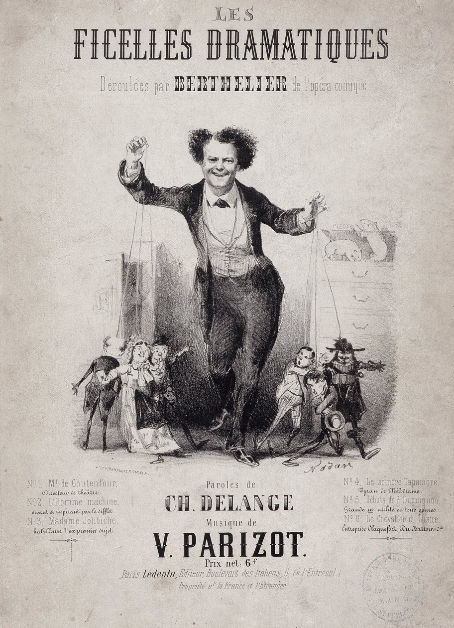 Retrato de Jean Berthelier (1830-1888) sosteniendo los hijos de marionetas. Álbum "Les Ficelles Dramatiques deroulees por Berthelier de la ópera cómica" de Nadar