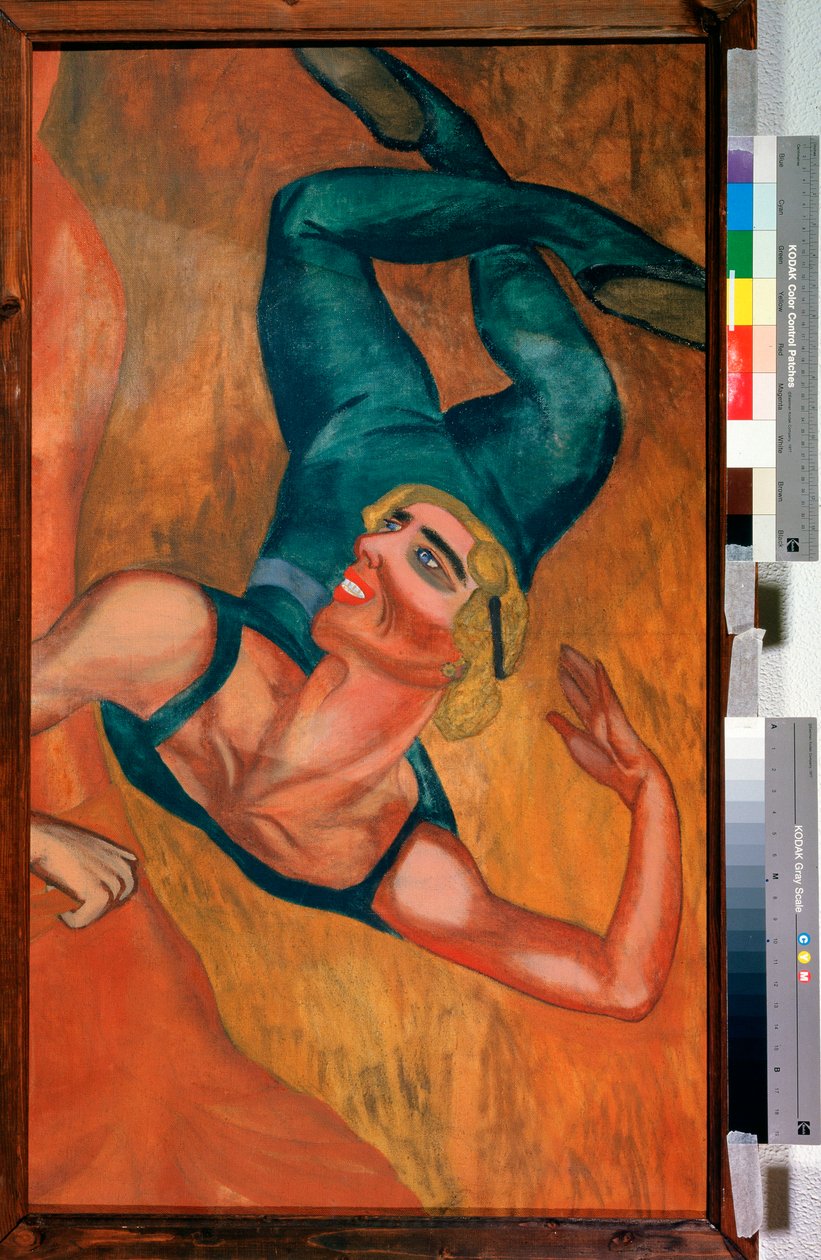 Saut (Salto) - Un acróbata realiza un salto, rostro sonriente, cuerpo flexible deformado por la pose en suspensión en el aire - Pintura de Nadezhda Vladimirovna Lermontova (1885-1921), óleo sobre lienzo de Nadezhda Vladimirovna Lermontova