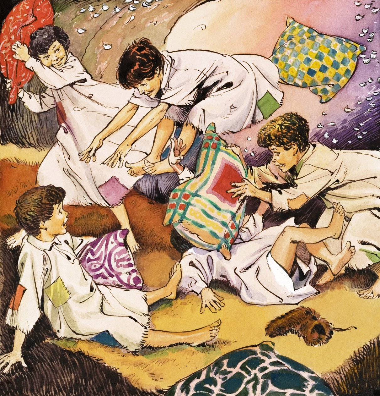 A Pillow Fight, ilustración de "Peter Pan" de J.M. Barrie (gouache sobre papel) de Nadir Quinto