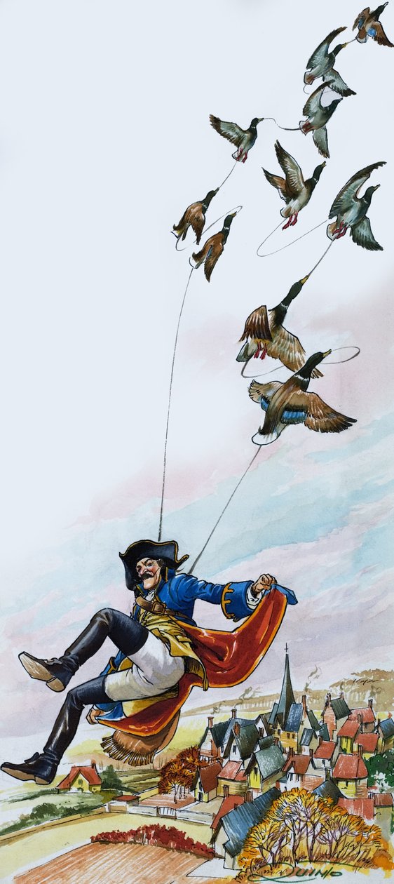 Barón Munchausen llevado por patos (gouache sobre papel) de Nadir Quinto