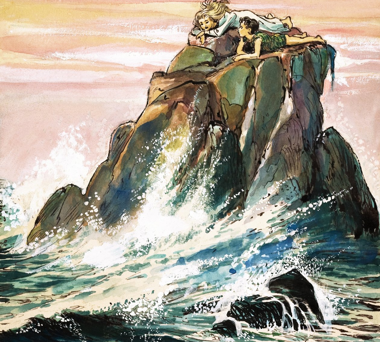 Peter Pan y Wendy Darling en una roca, ilustración de "Peter Pan" de J.M. Barrie (gouache sobre papel) de Nadir Quinto