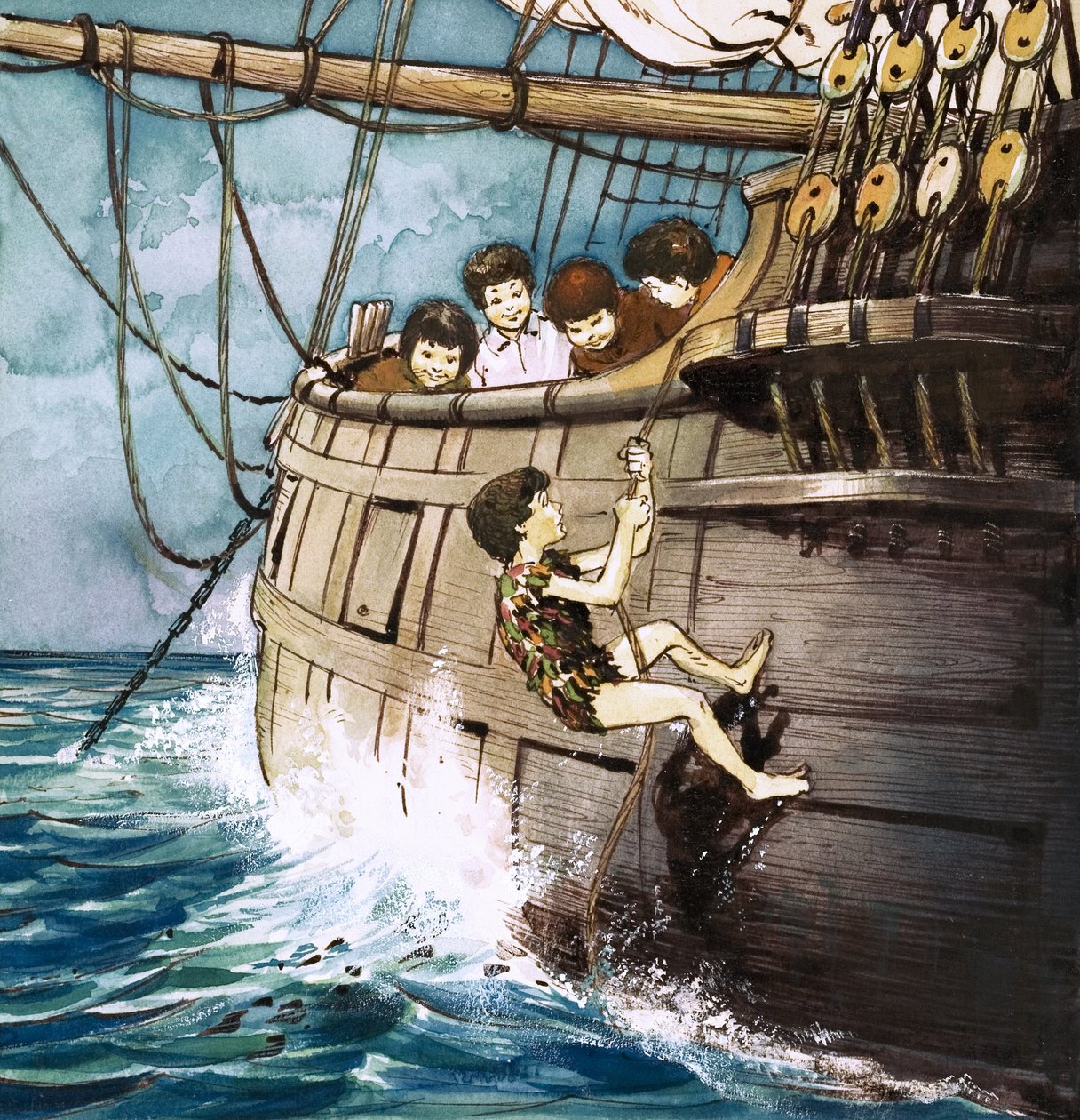 Peter Pan subiendo a bordo, ilustración de "Peter Pan" de J.M. Barrie (gouache sobre papel) de Nadir Quinto