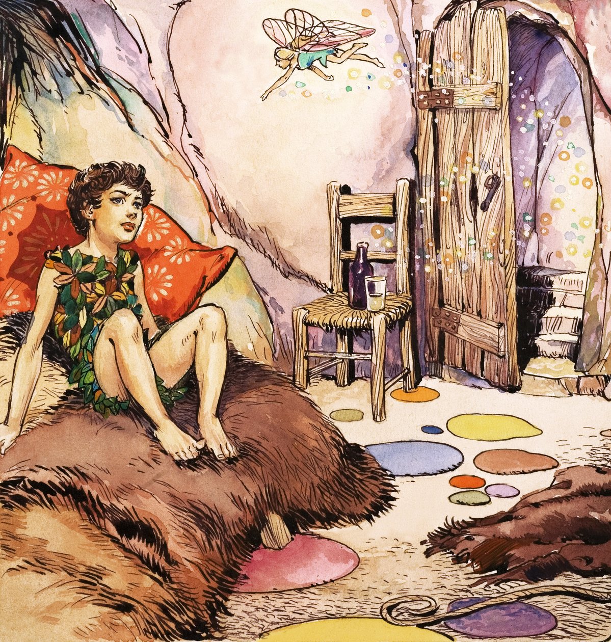 Peter Pan hablando con Campanilla, ilustración de "Peter Pan" de J.M. Barrie (gouache sobre papel) de Nadir Quinto