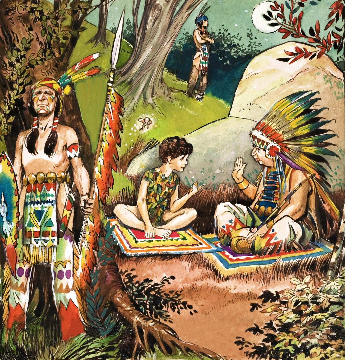 Peter Pan habla con el Cacique, ilustración de "Peter Pan" de J.M. Barrie (gouache sobre papel) de Nadir Quinto