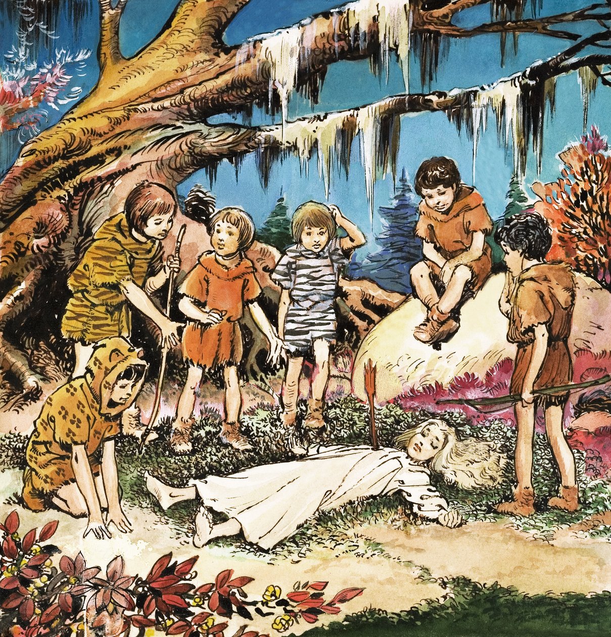 La preocupación de los Niños Perdidos por la herida Wendy, ilustración de "Peter Pan" de J.M. Barrie (gouache sobre papel) de Nadir Quinto