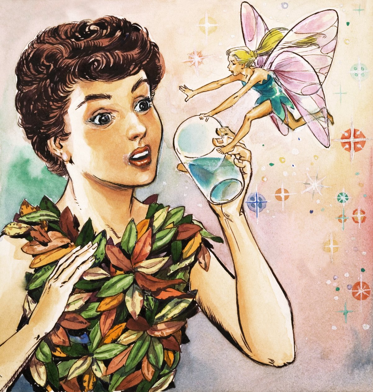 Campanilla advierte a Peter Pan, ilustración de "Peter Pan" de J.M. Barrie (gouache sobre papel) de Nadir Quinto