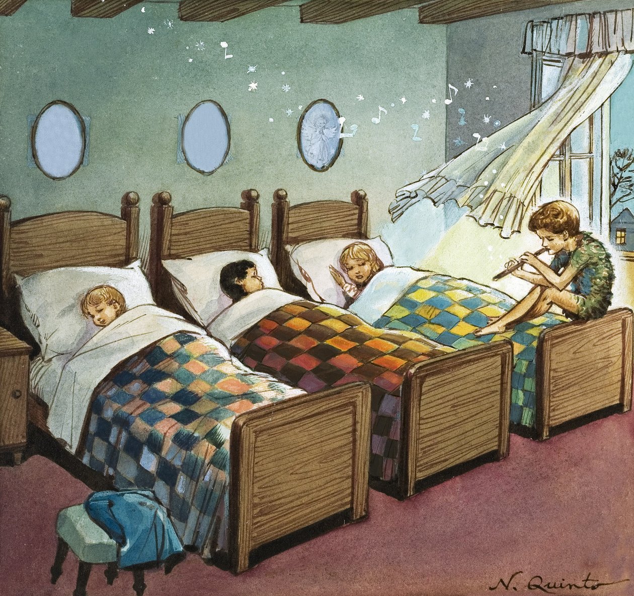 Wendy, Michael y John durmiendo, ilustración de "Peter Pan" de J.M. Barrie (gouache sobre papel) de Nadir Quinto