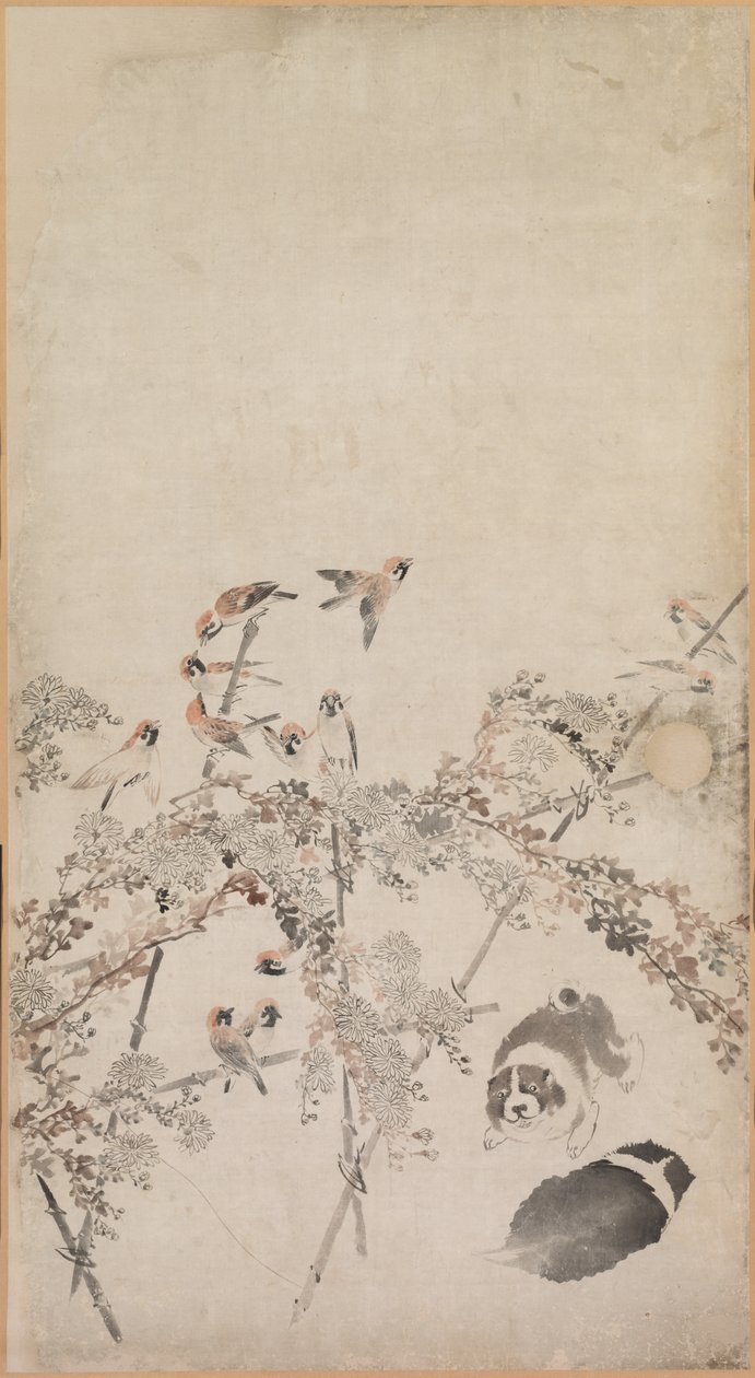 Puppies, Sparrows and Chrysanthemums de Nagasawa Rosetsu