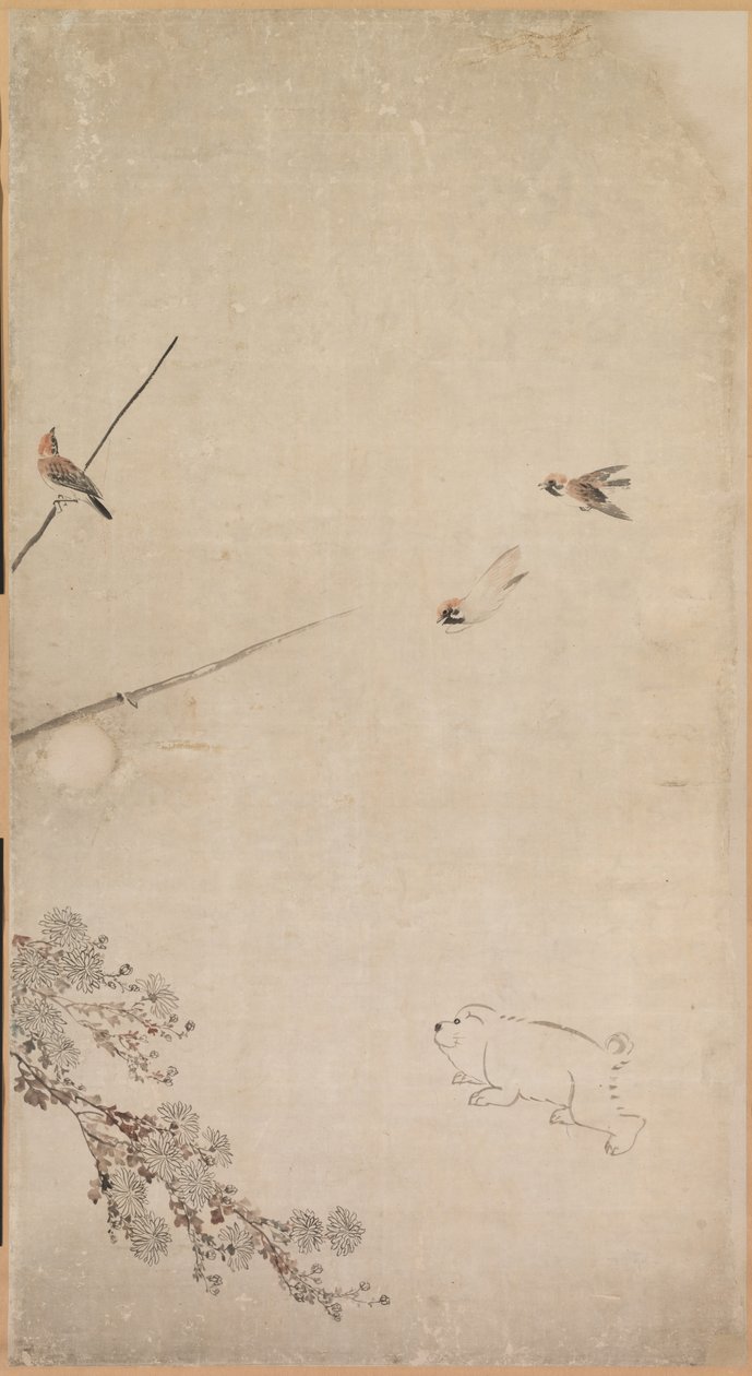 Cachorros, gorriones y crisantemos, 1754-1799 de Nagasawa Rosetsu