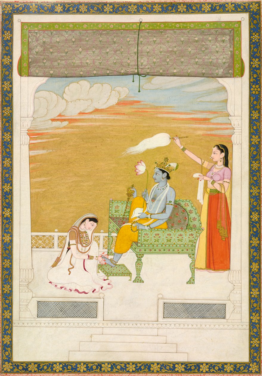 Lakshmi masajeando el pie de Vishnu, ca. 1765-1770 de Nainsukh Manju