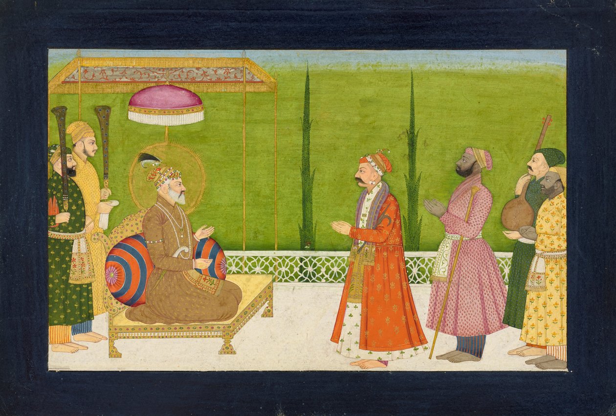 El poeta Sundar Das ante el emperador Shah Jahan, folio de un <em>Sundar Shringar</em> de Nainsukh
