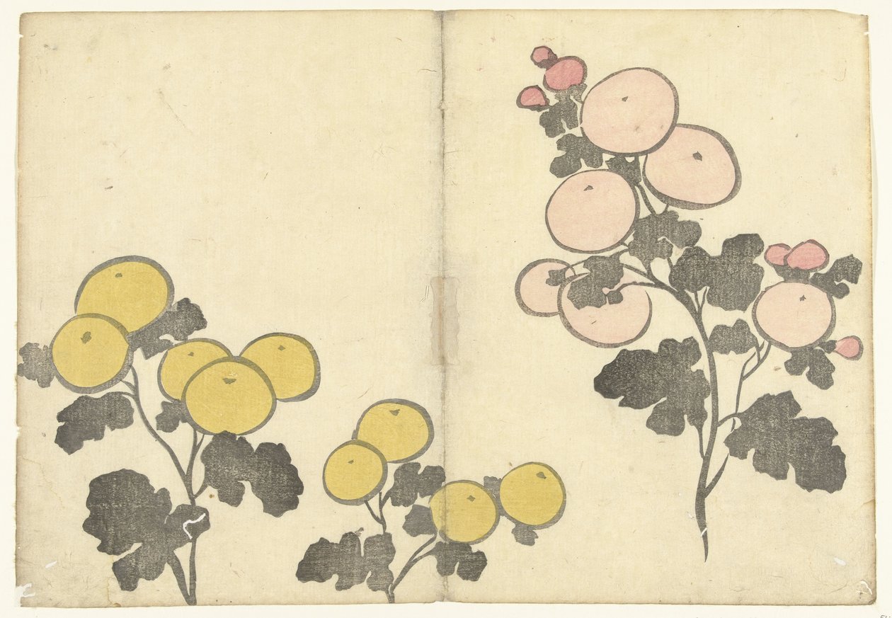 Flores estilizadas de color amarillo y rosa
Álbum impreso de Korin (título de la serie)
Korin gafu (título de la serie) de Nakamura Hochu