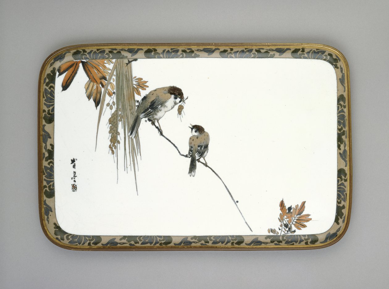 Bandeja con dos gorriones en una rama, c.1880 de Namikawa Sosuke