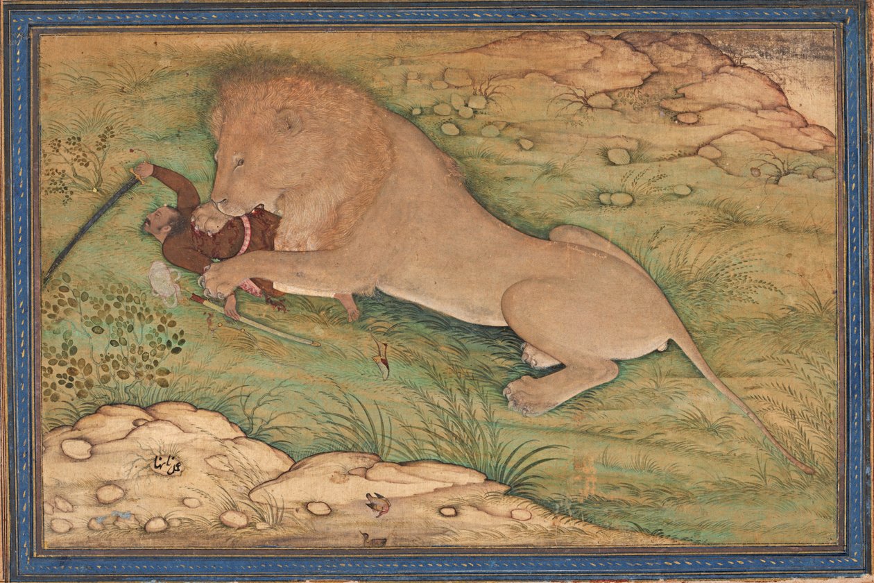 Peligros de la caza, un león se abalanza sobre un cazador, c.1615 de Nanha