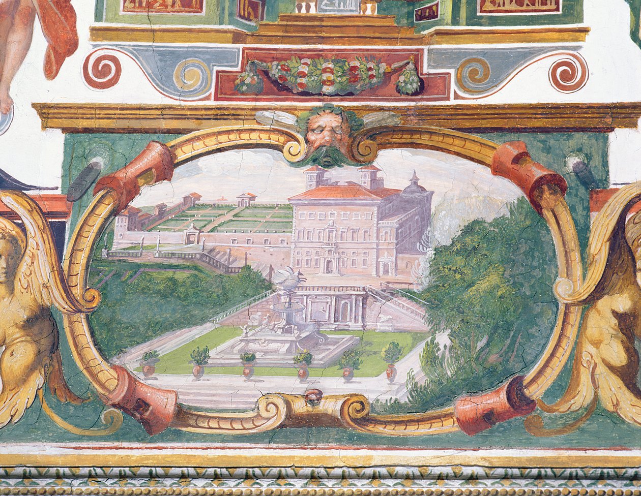 El Studiolo de Francesco de Medici (detalle de la decoración del friso que representa una de las villas Medici, su jardín y fuente) de Bartolomeo Ammannati