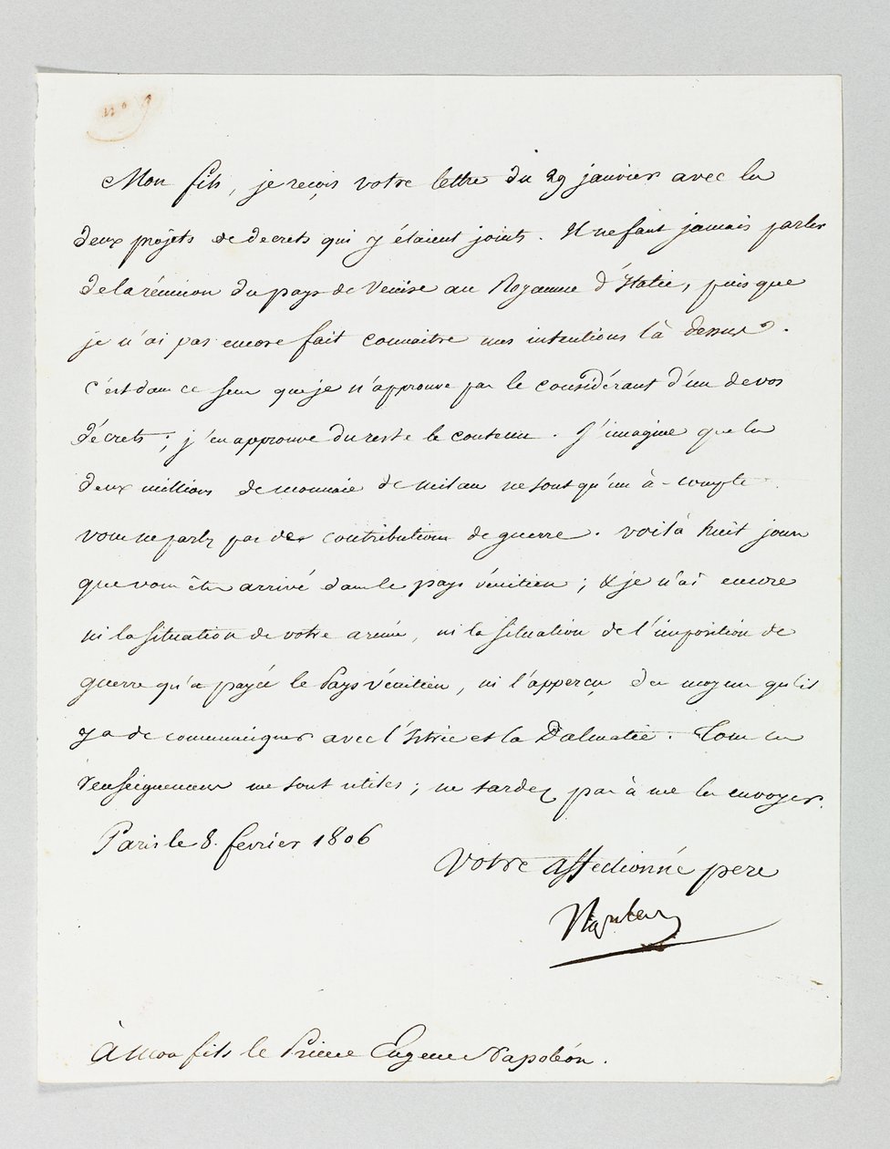 Carta firmada de Napoleón a su hijastro, el Príncipe Eugène de Beauharnais de Napoleon Bonaparte