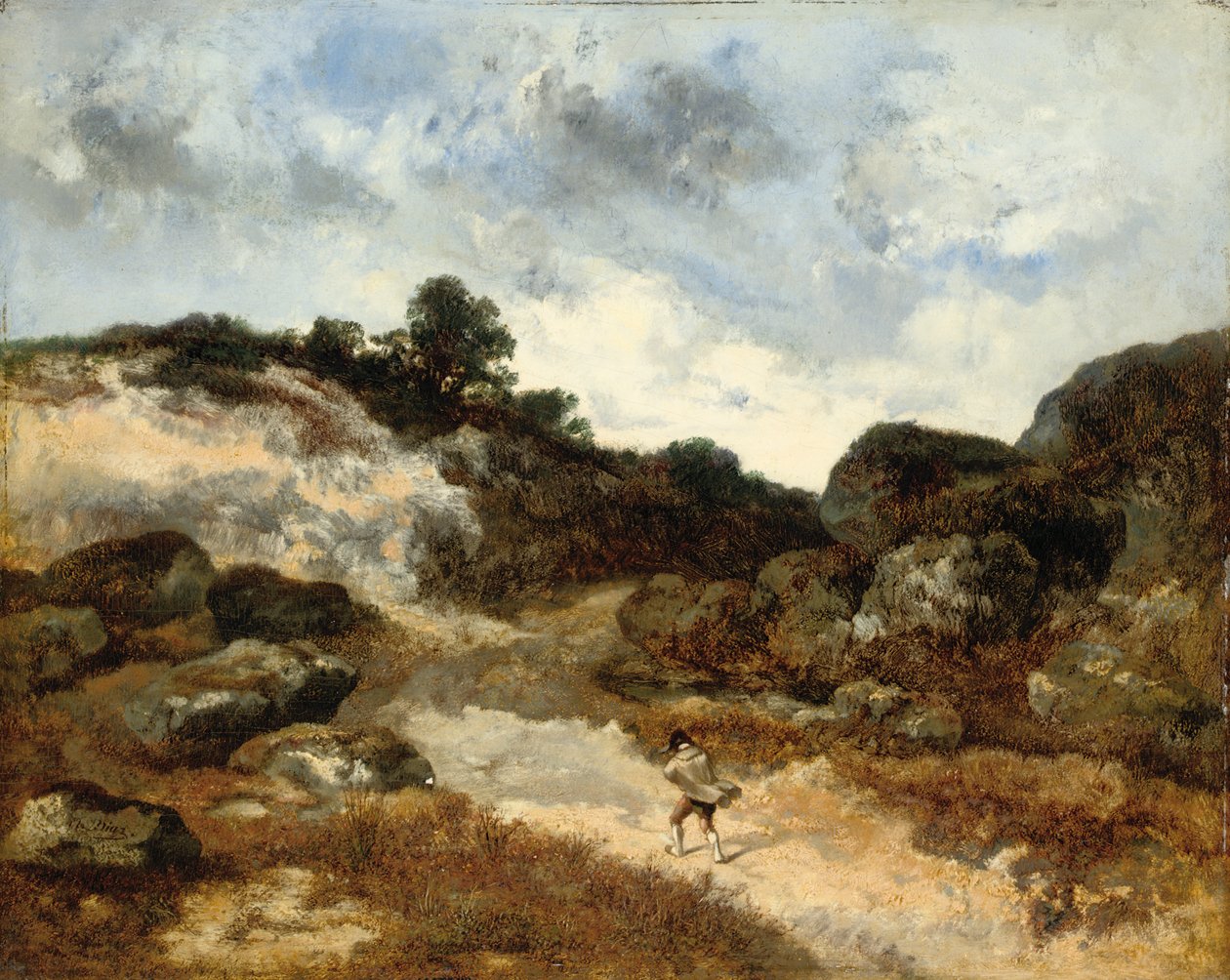Antes de la tormenta, un personaje en el camino rocoso hacia Jean-de-Paris de Narcisse Virgile Diaz de la Peña