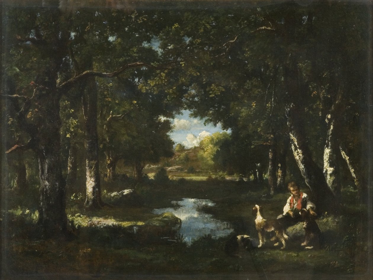 Hombre y perro descansando en un claro del bosque de Narcisse Virgile Diaz de la Peña