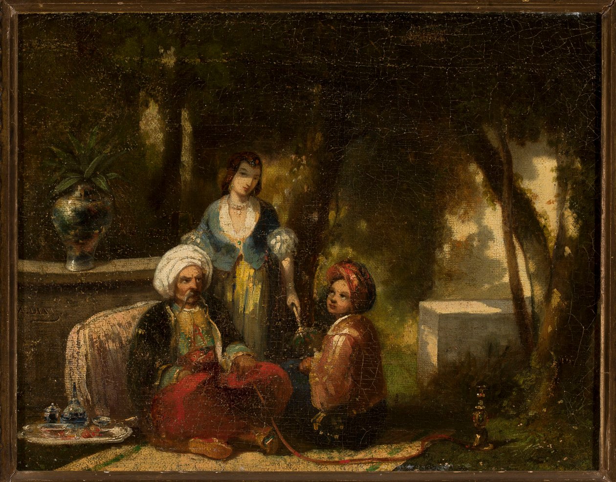 Hombre con narguile ante un paisaje forestal de Narcisse Virgile Diaz de la Peña