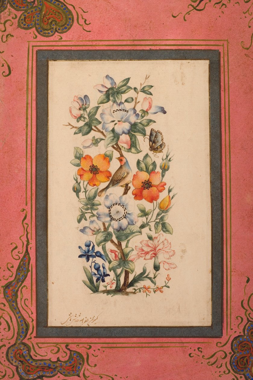 Un tallo de flores con un pájaro y una mariposa de Nasr Allah al Husayni al Imami
