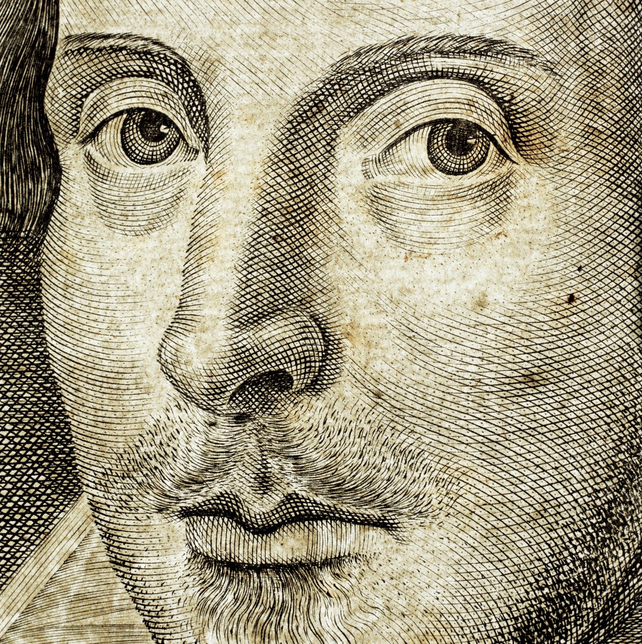 Detalle del retrato de William Shakespeare en el frontispicio de Comedies, histories,  t... de Nathan Benn