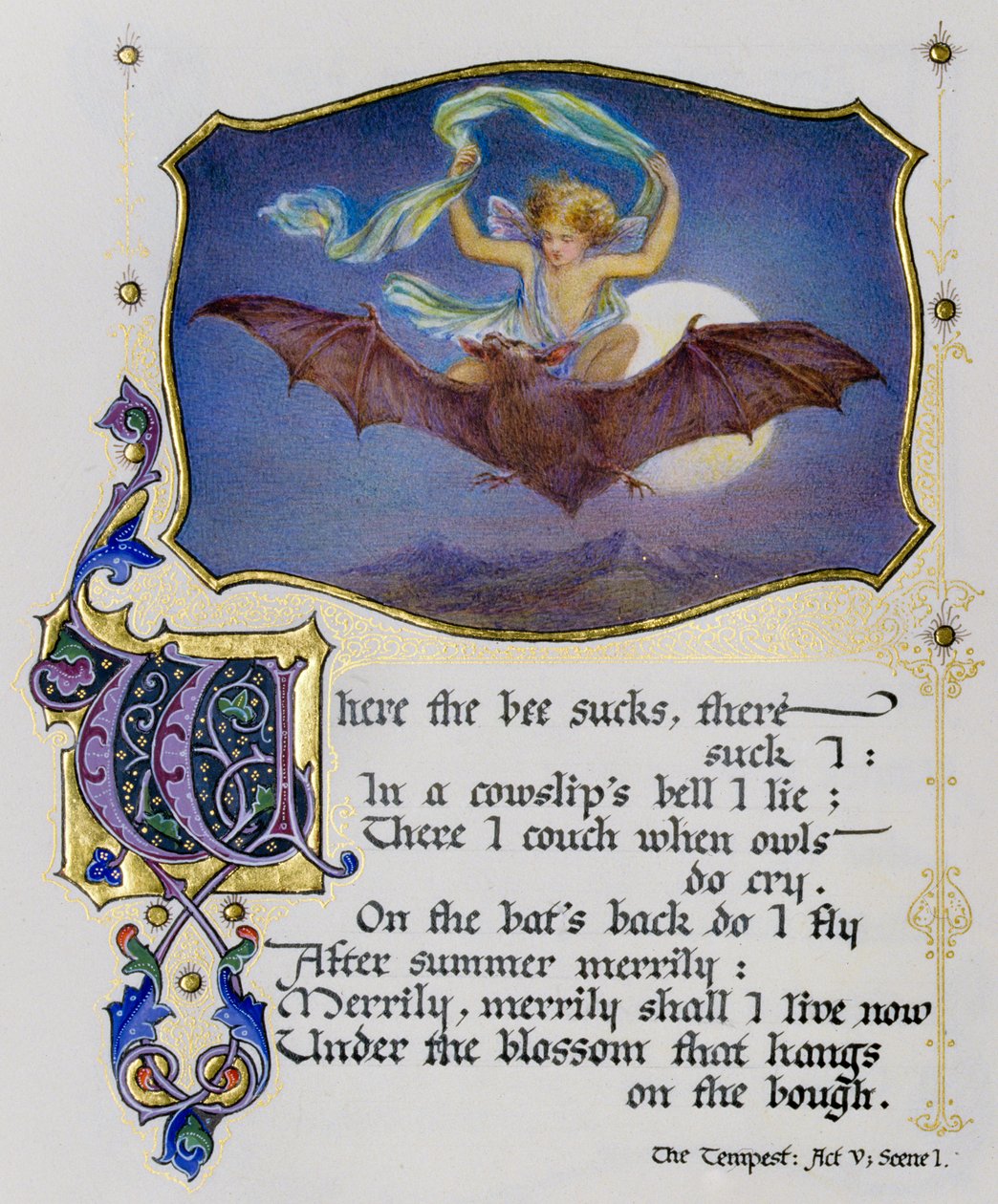 Página iluminada de un libro de sonetos de Shakespeare que representa una escena de La Tempestad de Nathan Benn