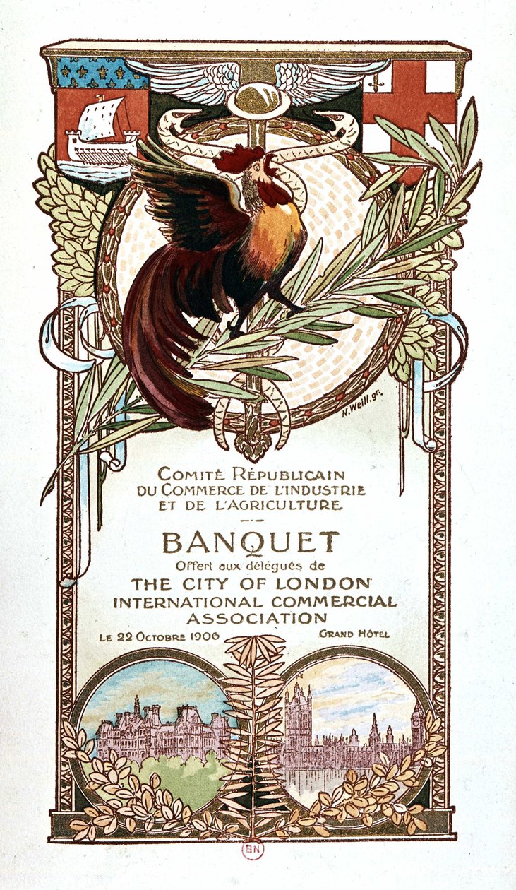 Gallo y monumentos, menú del banquete del Comité Republicano de Comercio, Industria y Agricultura ofrecido el 22.11.1906 a los delegados de la asociación comercial internacional de la ciudad de Londres de Nathan Weill