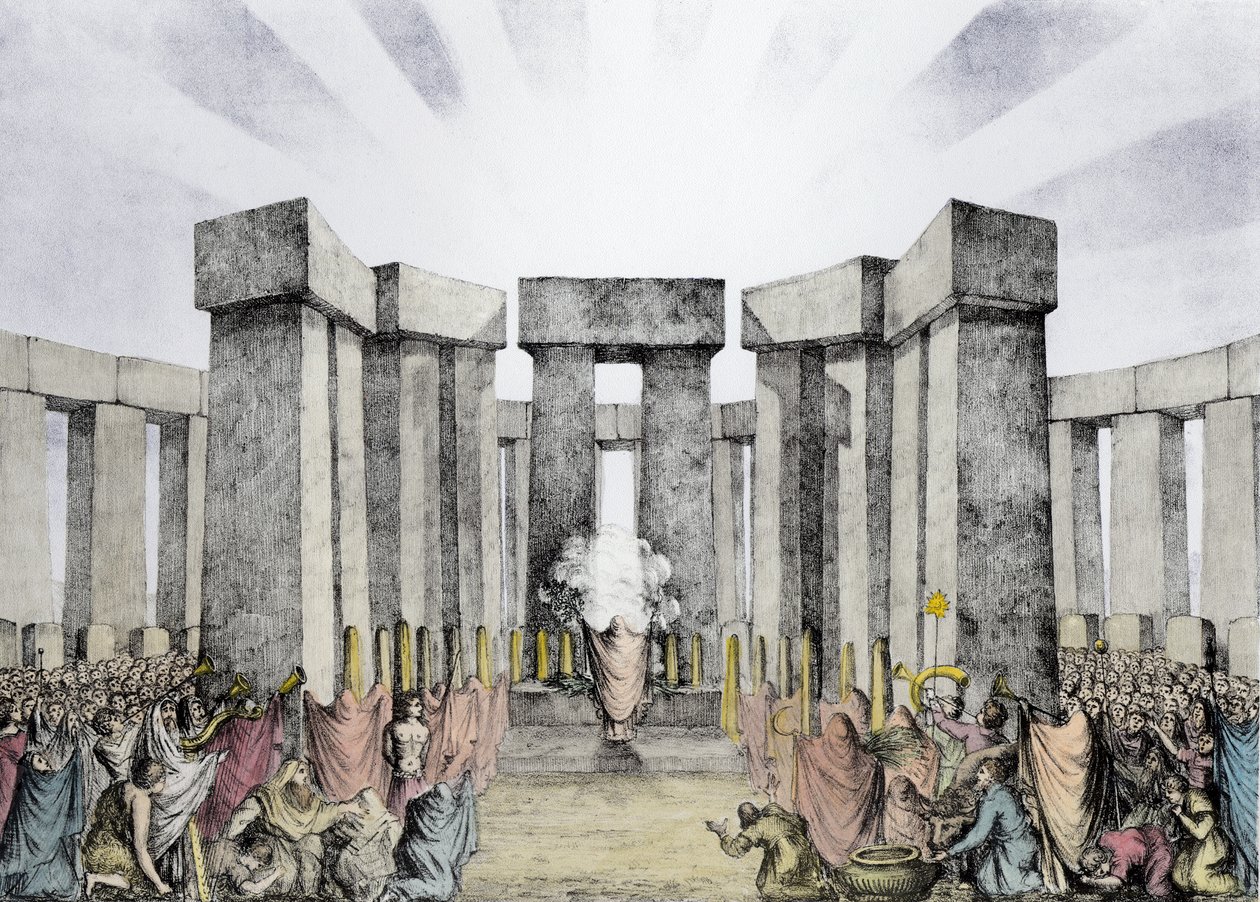 Druidas sacrificando al sol en su templo llamado Stonehenge, de un plan de Stonehenge por el Dr. Stukeley en el Museo Ashmolean, Oxford, grabado y publicado por el artista de Nathaniel Whittock