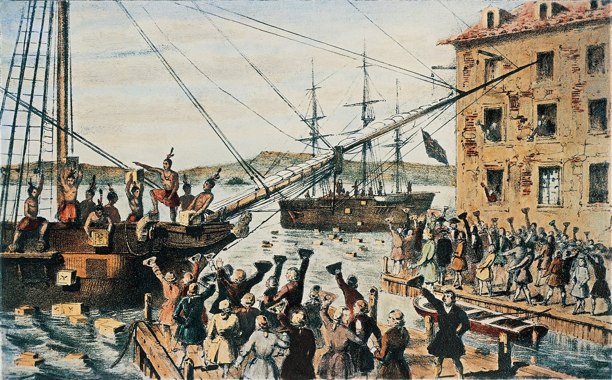 Fiesta del Té de Boston, cofres de té inglés arrojados por la borda en el puerto de Boston por los colonos, 16 de diciembre de Nathaniel (after) Currier
