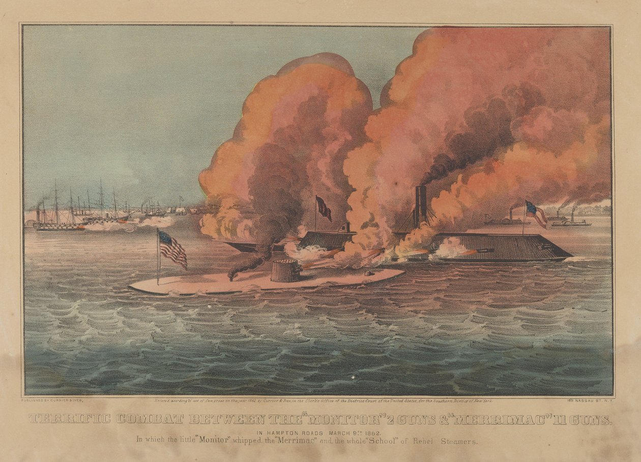 Combate terrible entre el Monitor 2 cañones y Merrimac 11 cañones en Hampton Roads de Currier and Ives