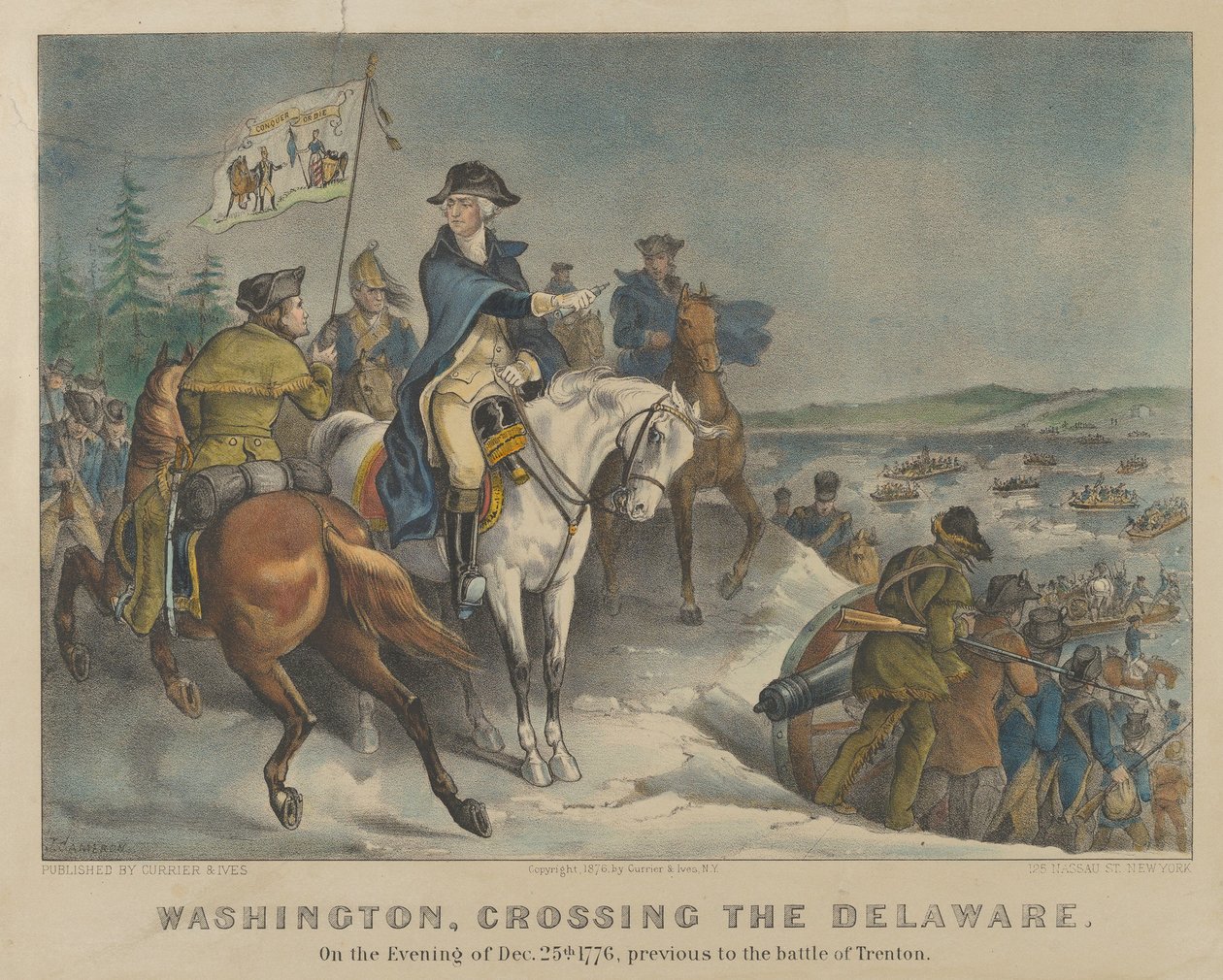 Washington cruzando el Delaware en la noche del 25 de diciembre de 1776, antes de la batalla de Currier and Ives