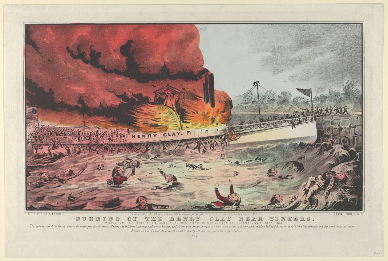 Incendio del Henry Clay cerca de Yonkers - Mientras viajaba de Albany a Nueva York el miérc..., 1852 de Nathaniel Currier