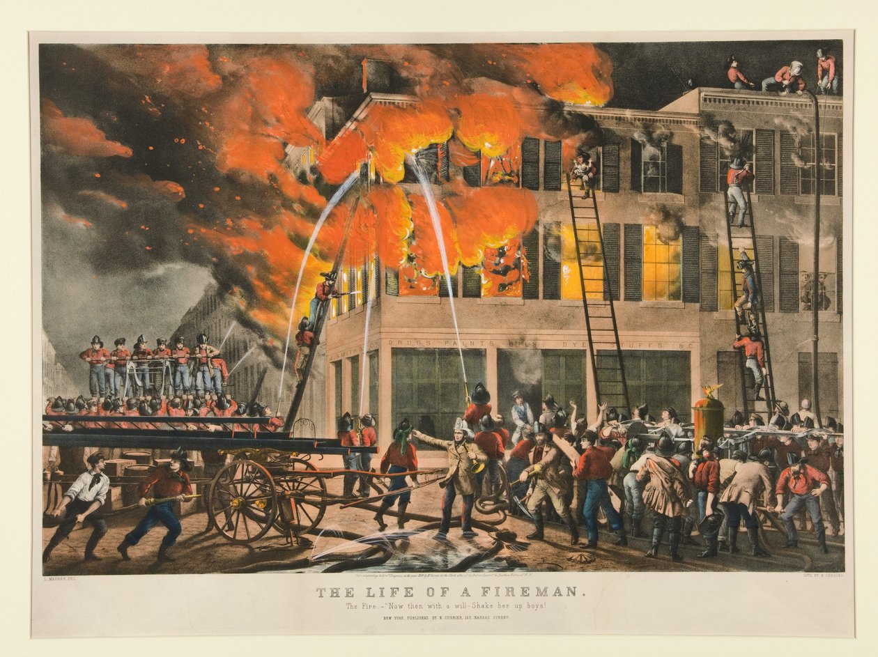 La vida de un bombero / El incendio. «¡Ahora, con ganas - Agitadla, muchachos!» de Nathaniel Currier