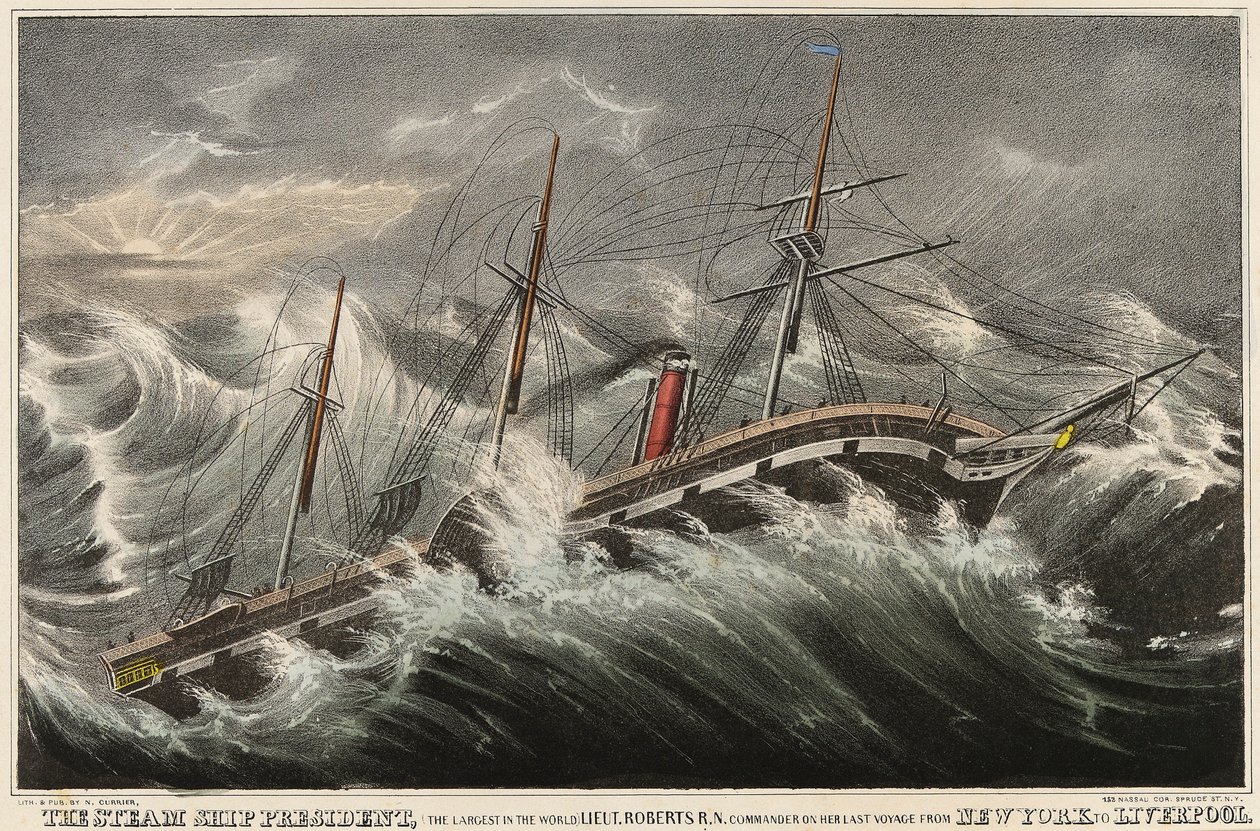 El vapor President, el más grande del mundo, comandado por el teniente Roberts durante su último viaje de Nueva York (EE.UU.) a Liverpool (Inglaterra), en la tormenta del 12 de marzo. de Nathaniel Currier