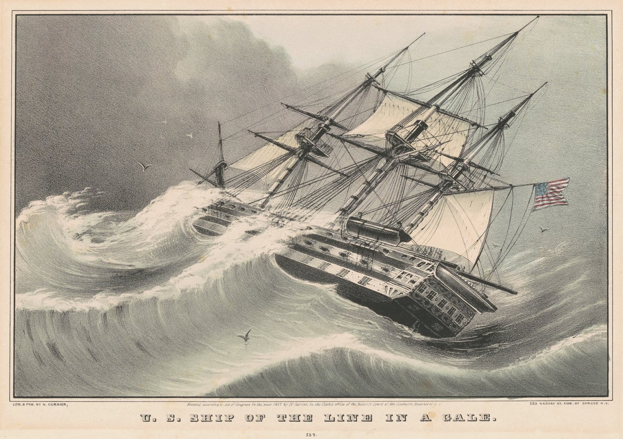 Buque de línea de EE.UU. en una tormenta de Nathaniel Currier