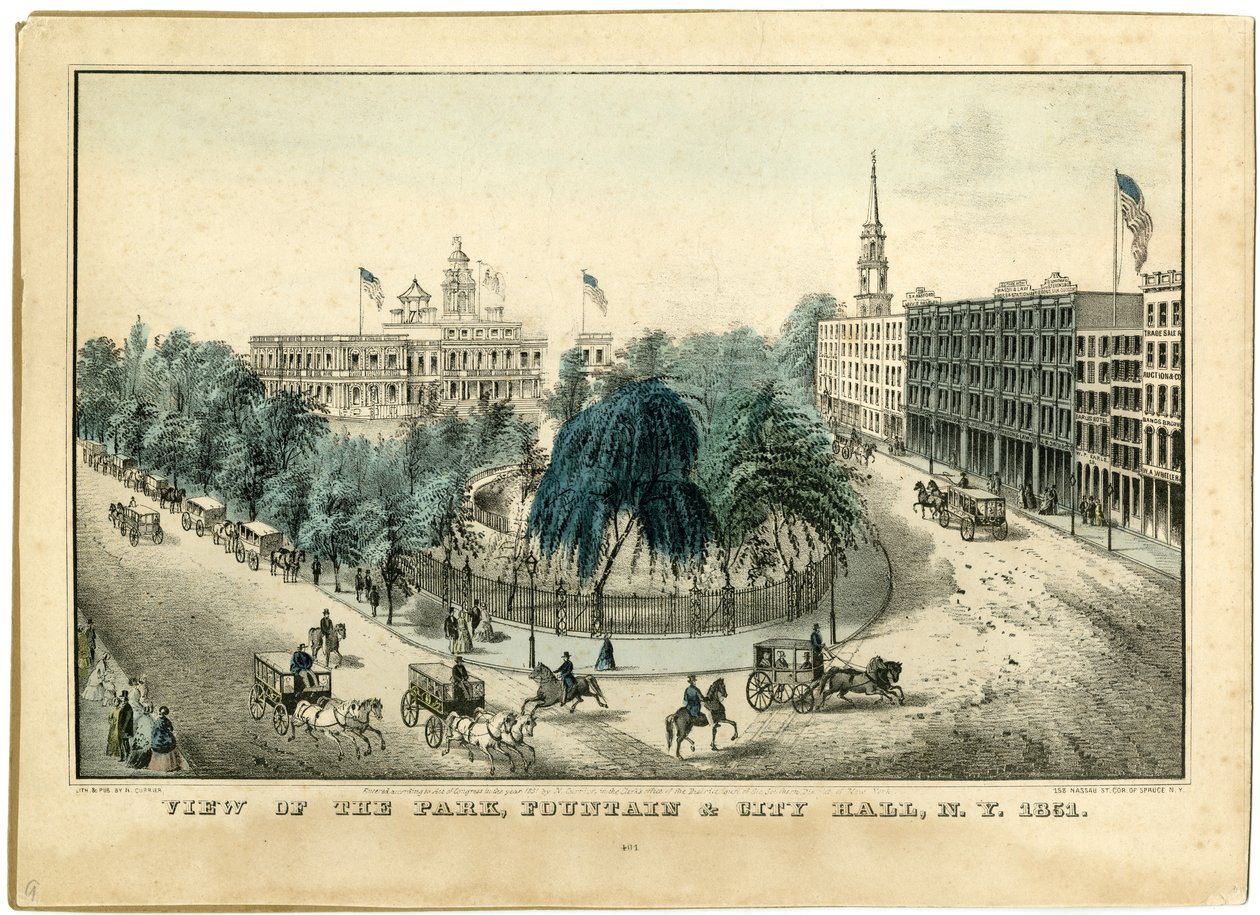 Vista del parque, fuente y ayuntamiento, N.Y. 1851, 1851 de Nathaniel Currier