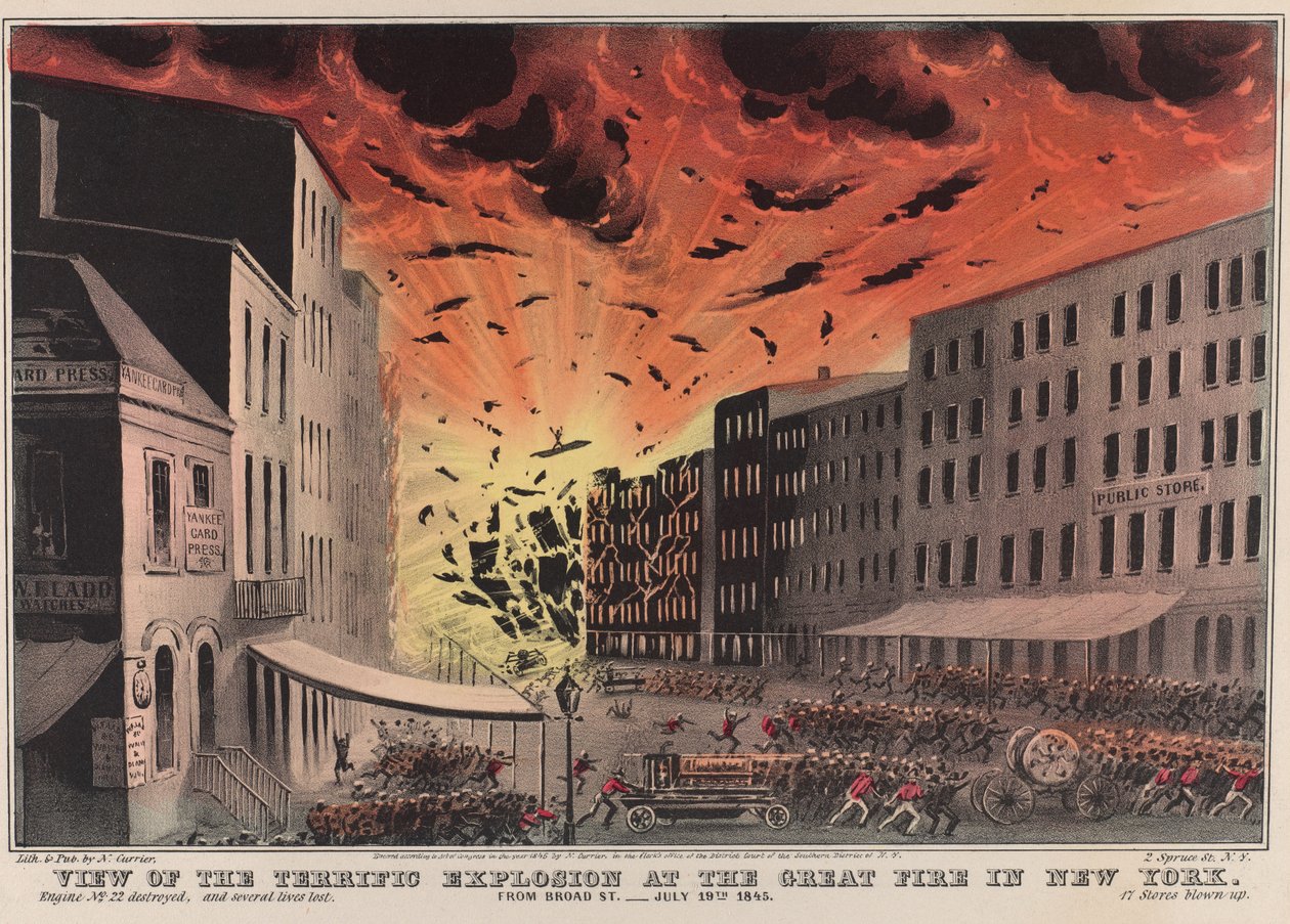 Vista de la terrible explosión en el Gran Incendio de Nueva York. Desde Broad St. - 19 de julio de 1845 de Nathaniel Currier