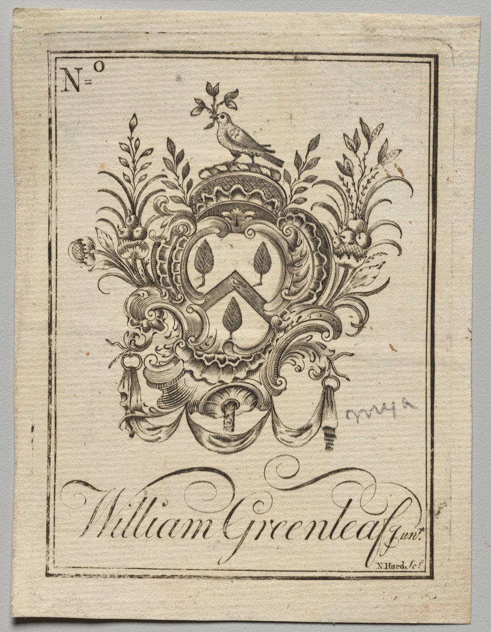 Exlibris: Escudo de Armas con William Greenleaf Jun.r inscrito de Nathaniel Hurd
