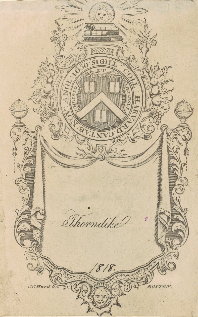 Exlibris del Colegio de Harvard con el sello Christo et Ecclesiæ de Nathaniel Hurd