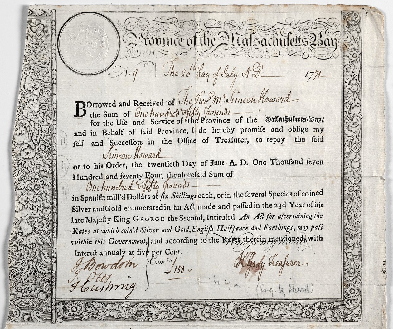 Certificado de préstamo de Nathaniel Hurd