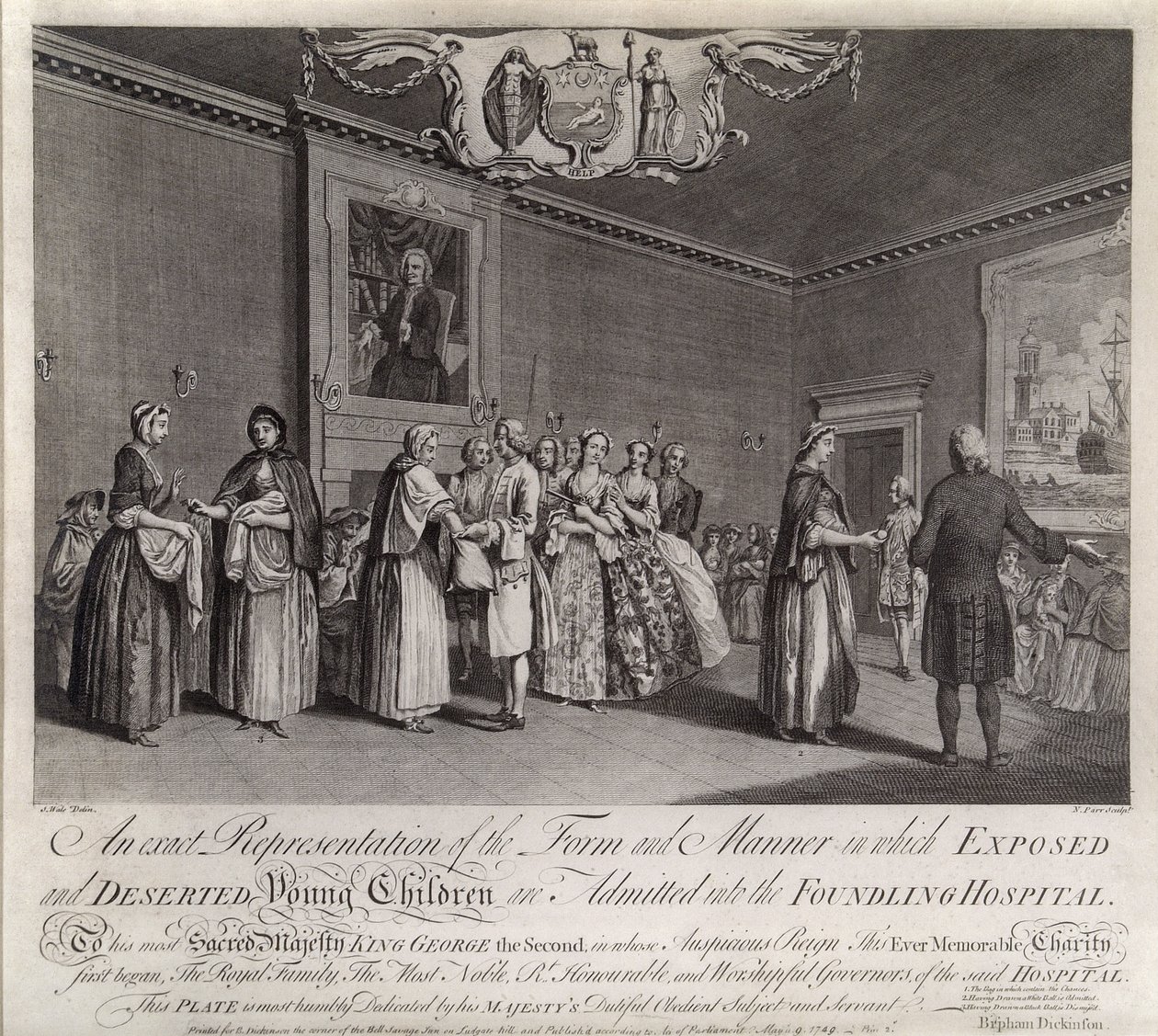 Representación exacta de la forma y manera en que los niños expuestos y abandonados son admitidos en el Hospital Foundling, 1749 de Nathaniel Parr